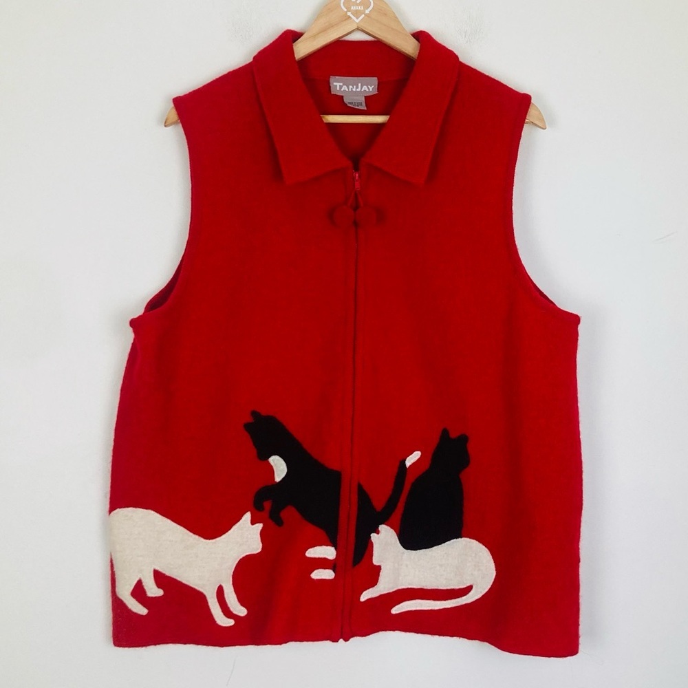 TanJay red wool zip front vest with black & white cats appliqués. Large